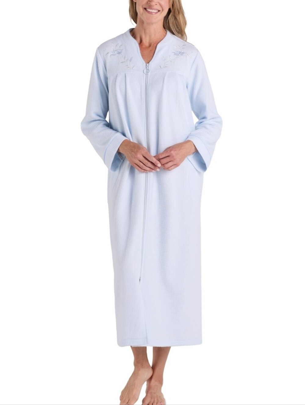 Miss Elaine Women's Embroidered Waffle-Knit Nightgown - Light Blue